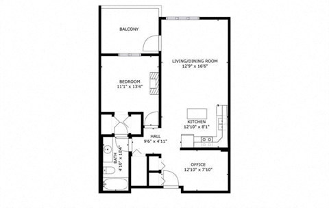 Floor plan for 1 bed, 1 bath, 700 sqft